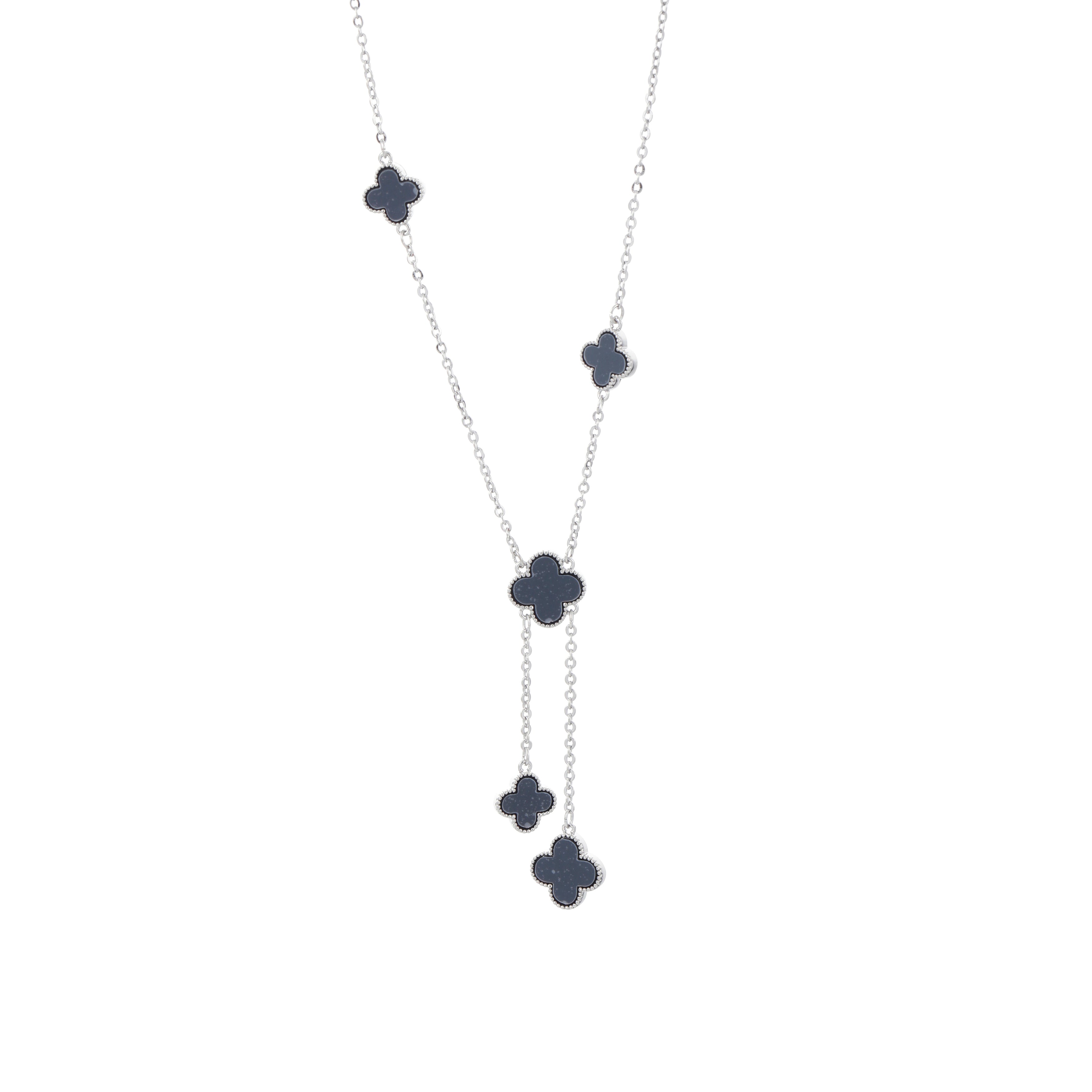 Silver Clover Charm Necklace with Black Enamel