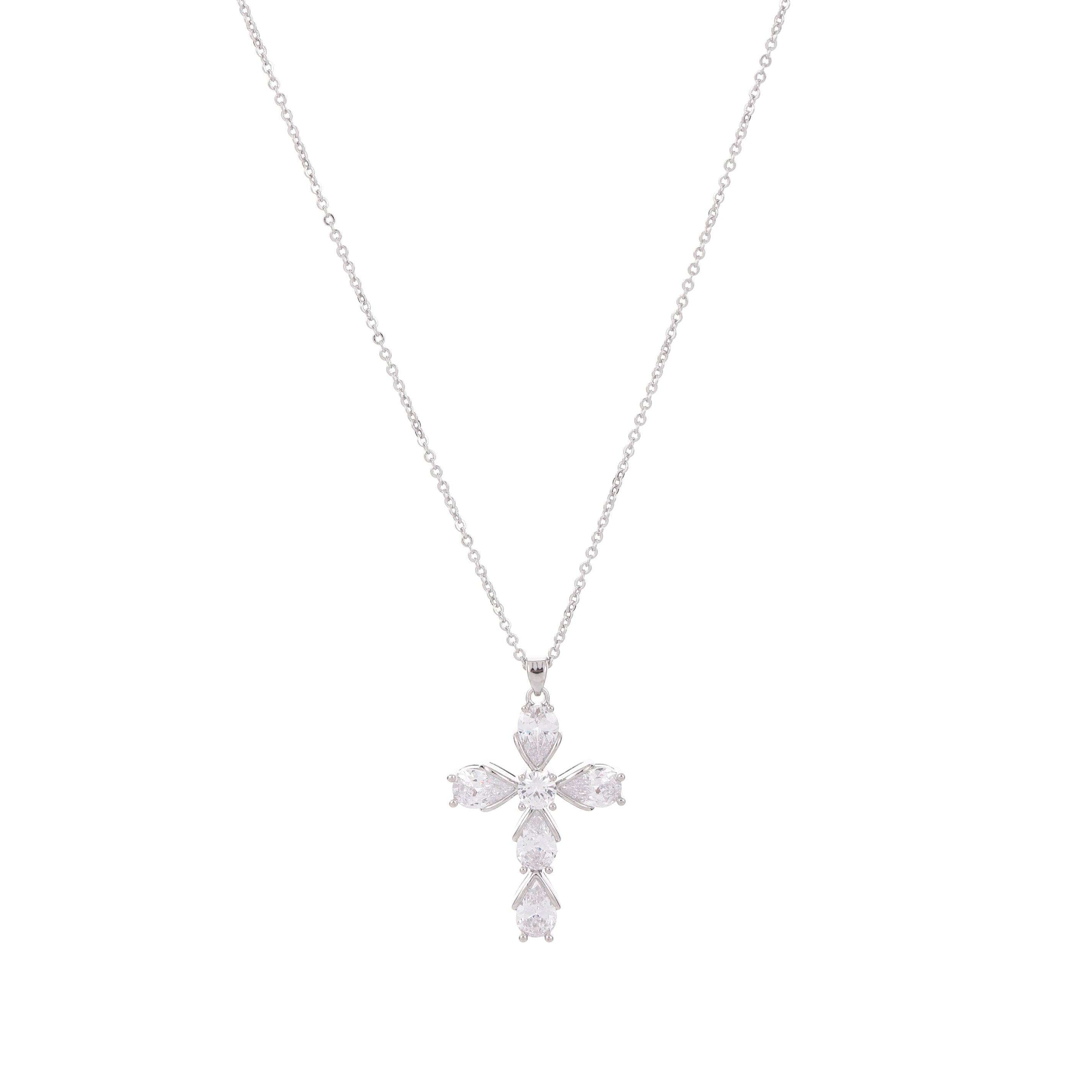 Elegant Silver Cross Pendant Necklace with Clear Gemstones