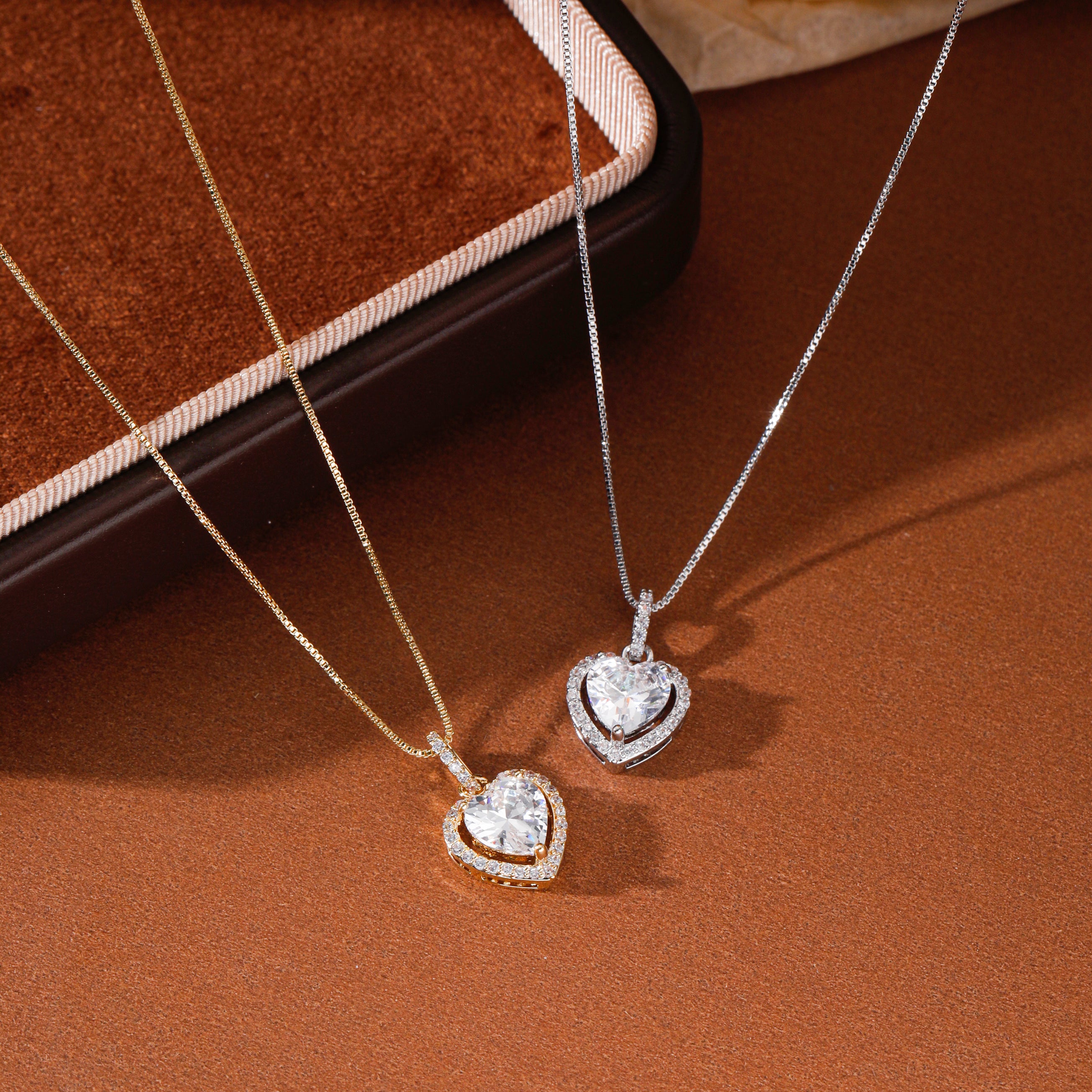 Heart Shaped Cubic Zirconia Pendant Necklace - Gold & Silver