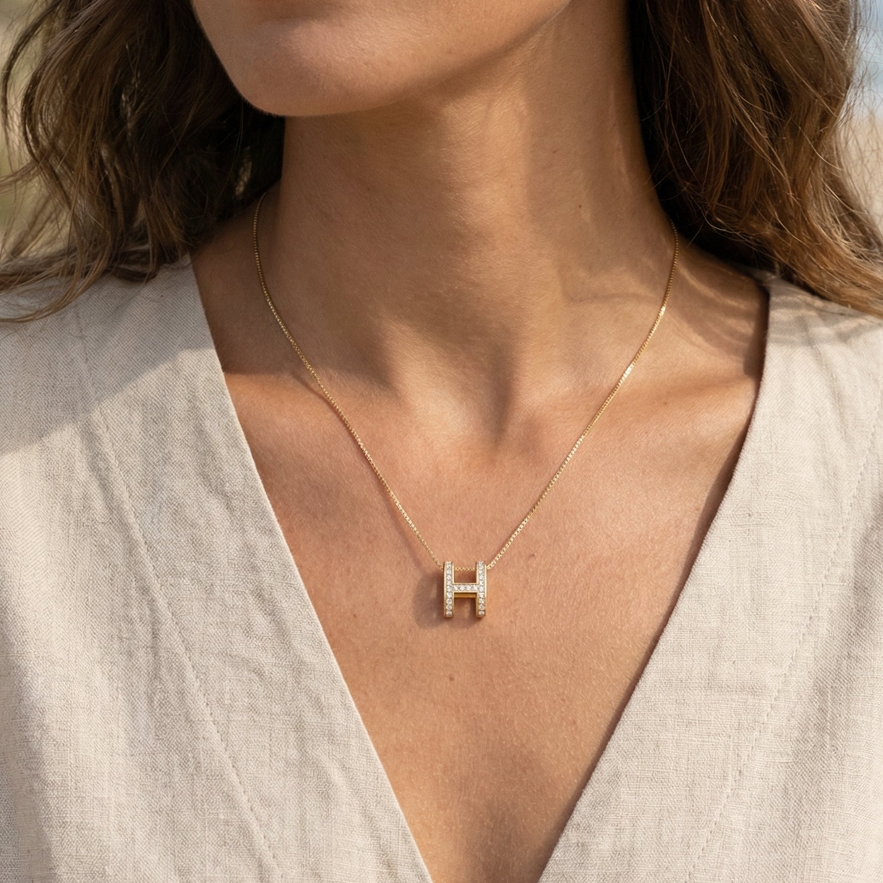 Gold Initial H Pendant Necklace with Crystals