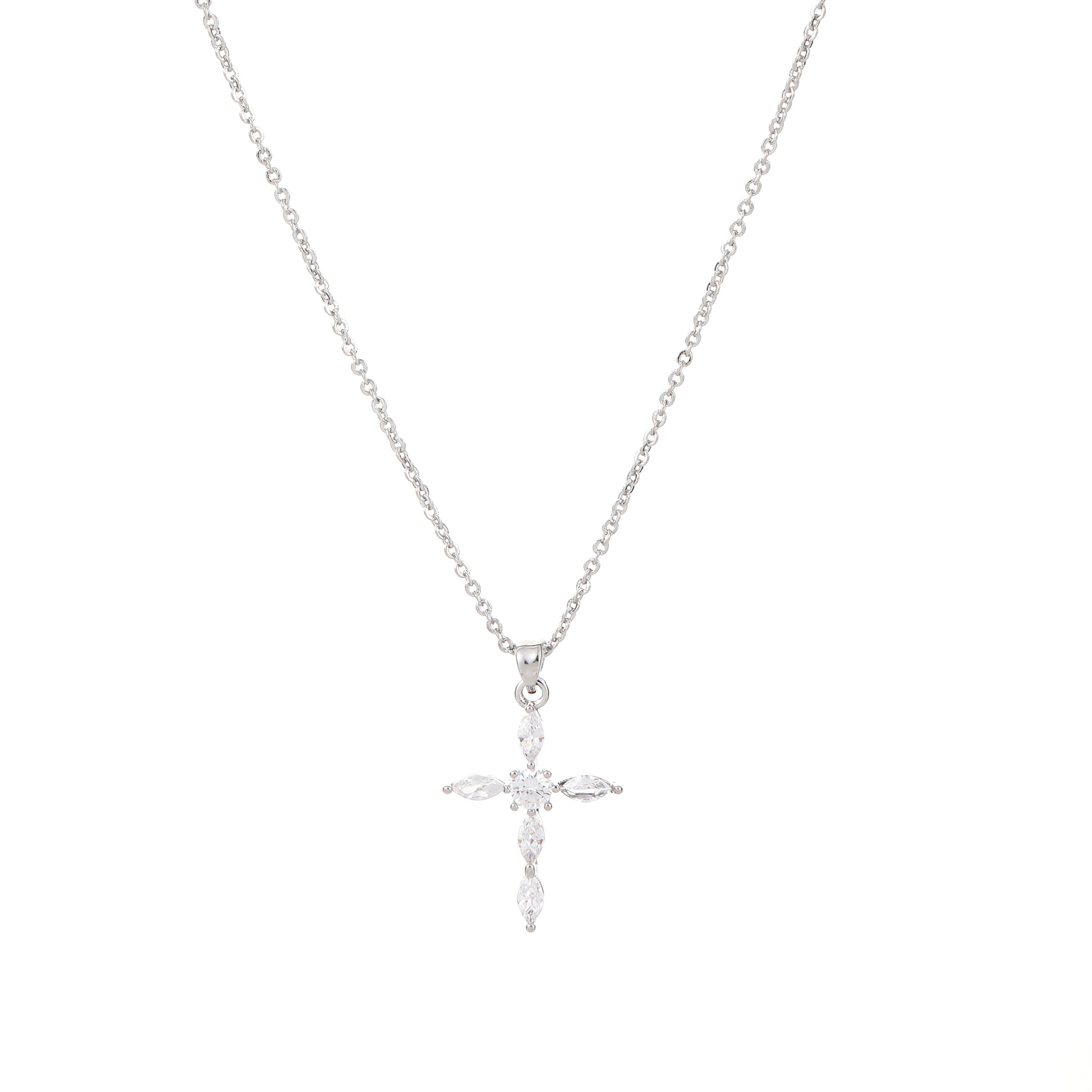 Elegant Silver Cross Pendant Necklace with Clear Crystals