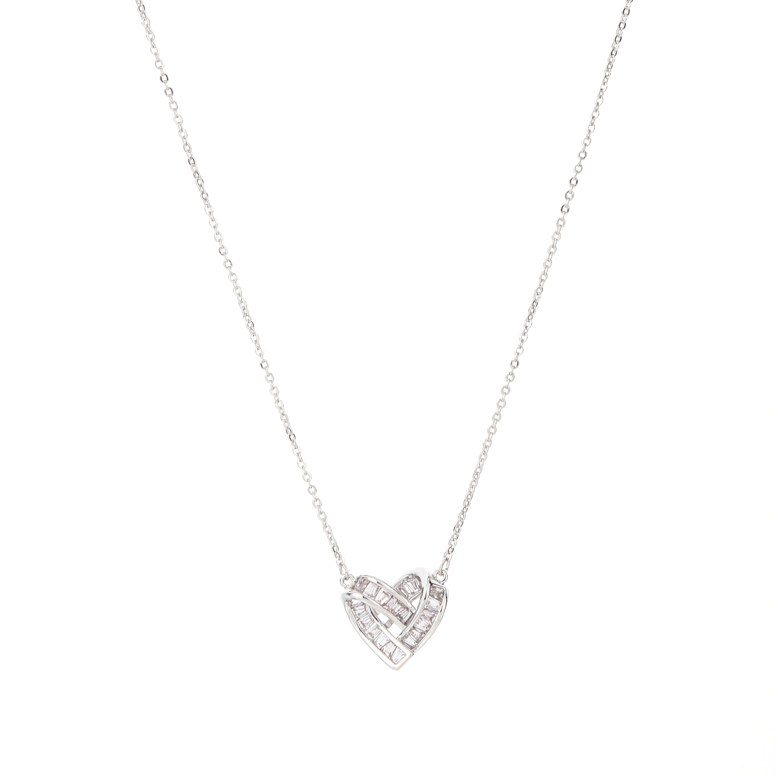 Elegant Silver Heart Pendant Necklace with Baguette Crystals