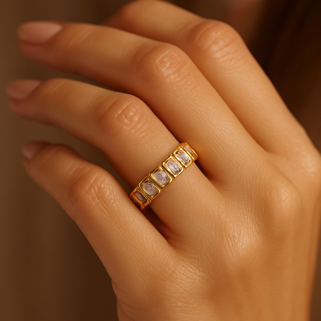 Elegant Gold Band Ring with Rectangular Gemstones
