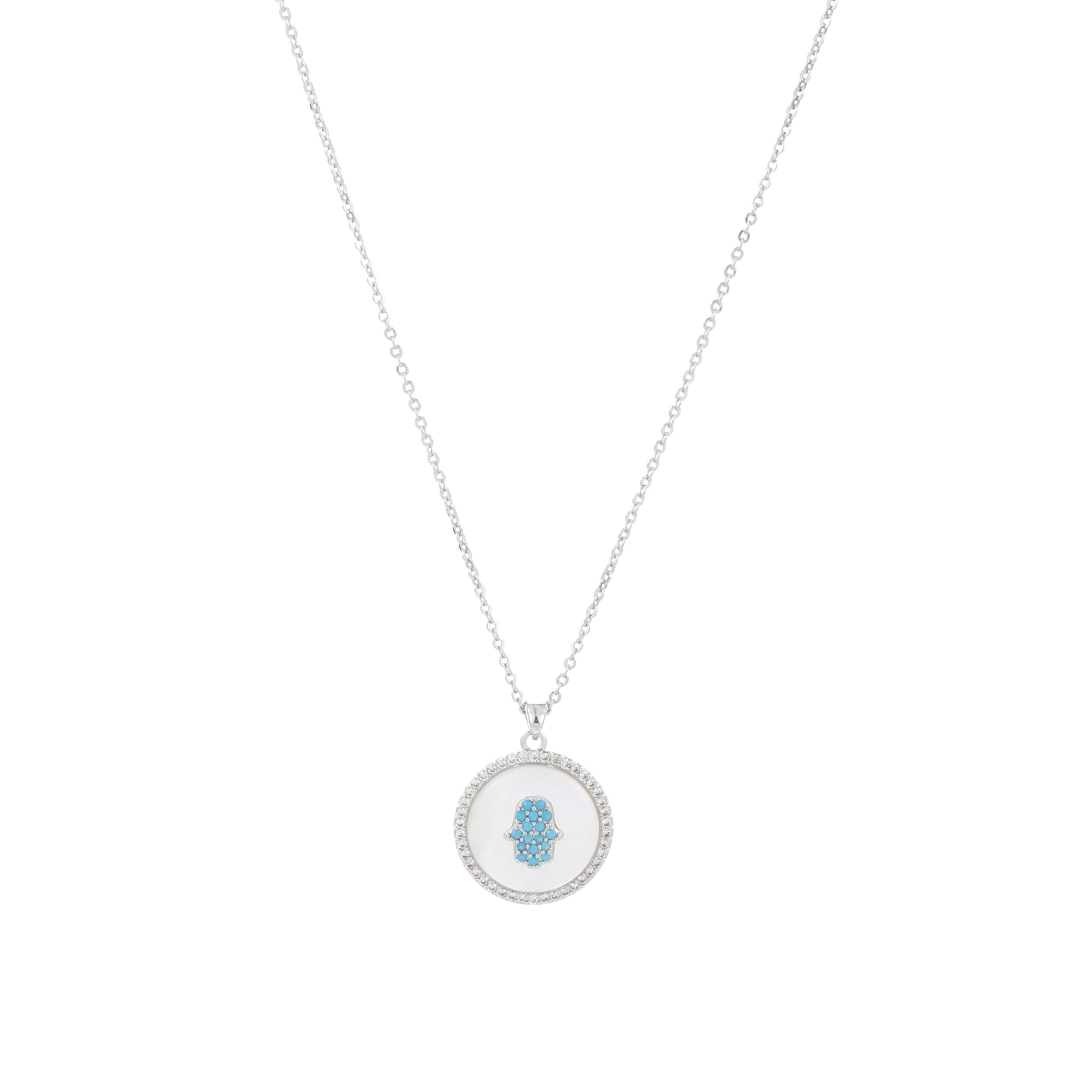 Sterling Silver Hamsa Hand Pendant Necklace with Blue Accents