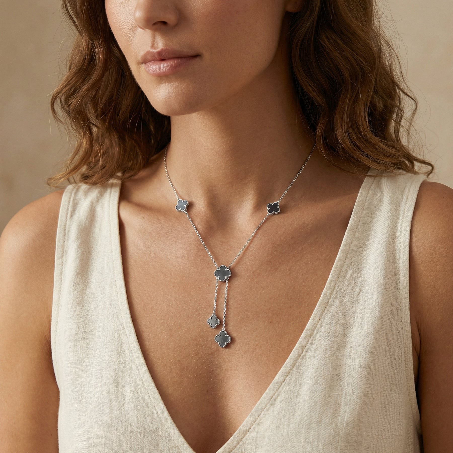 Silver Clover Charm Necklace with Black Enamel