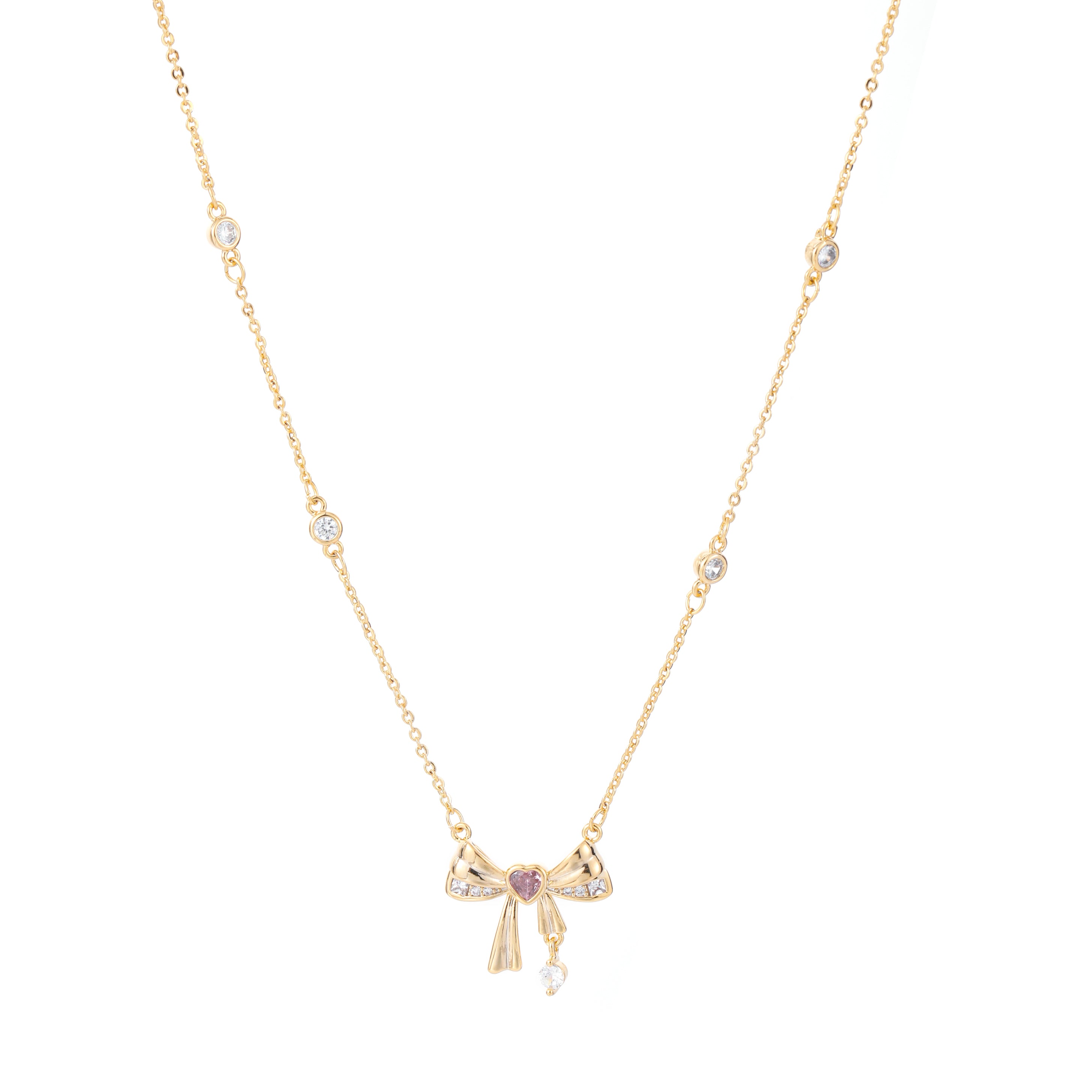 Elegant Bow Necklace with Pink Heart and Crystal Accents