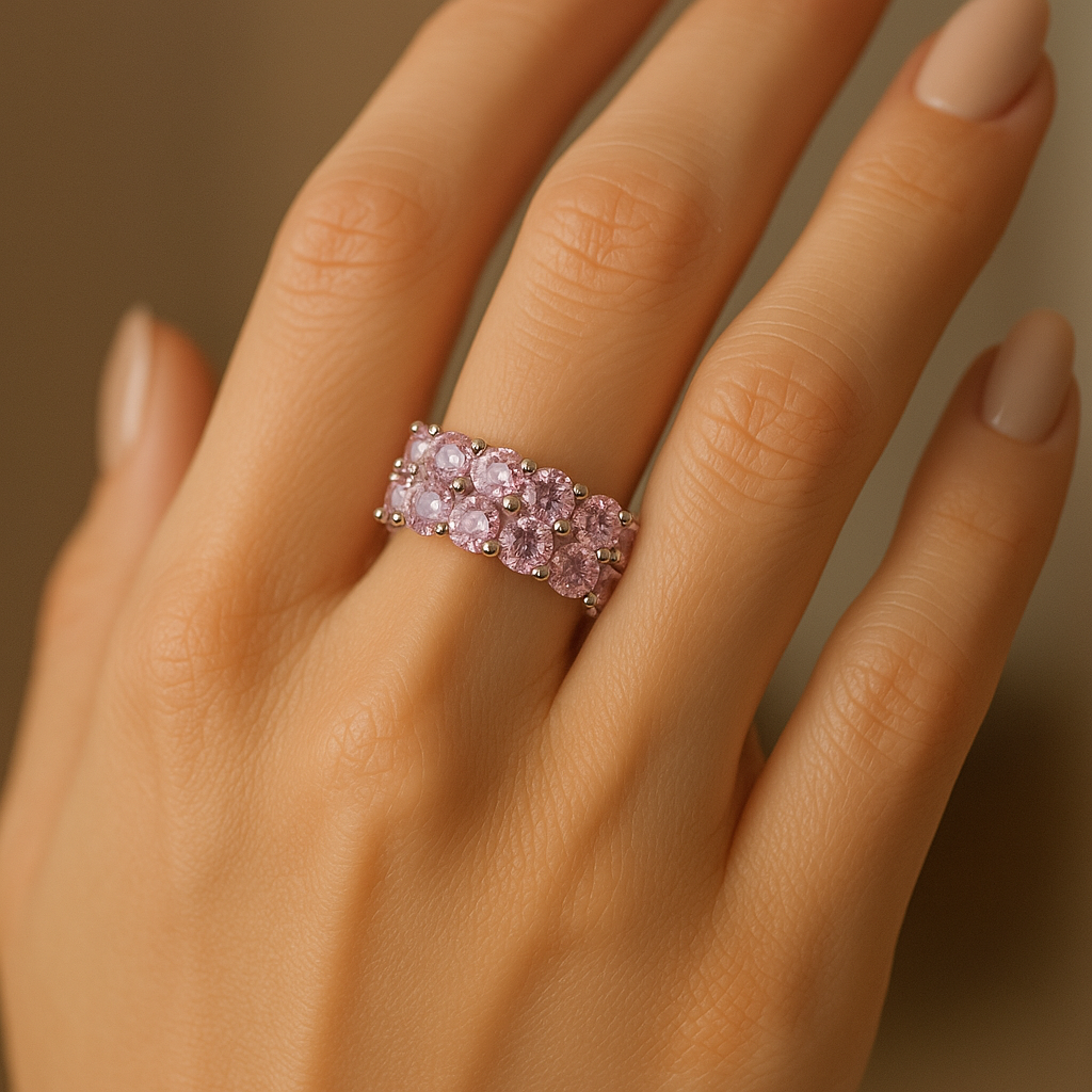 Double Row Pink Crystal Gold Ring