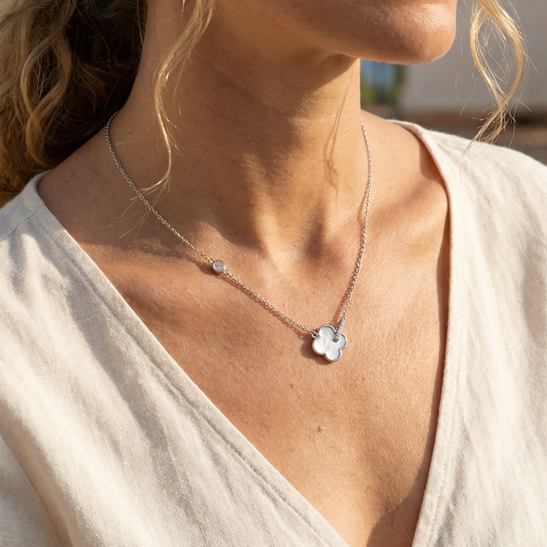 Sterling Silver Clover Pendant Necklace with Mother of Pearl