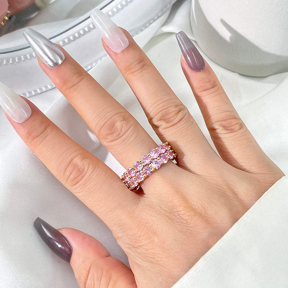 Double Row Pink Crystal Gold Ring